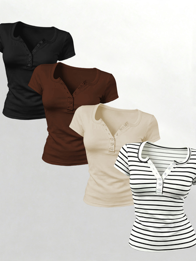 Lalippa Camiseta para mujer, Juego de 4 camisetas, Camiseta ajustada, Camiseta de estilo minimalista casual para mujer, Adecuada para uso casual diario, Top de manga corta para mujer, Top de verano para mujer, Último top para mujer, Camiseta básica minimalista