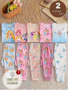 Girls Little Princess Butterfly Print Long Sleeve Long Pants Tight Pajama Set Loungewear - White - View 1