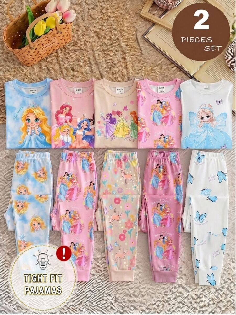 Girls Little Princess Butterfly Print Long Sleeve Long Pants Tight Pajama Set Loungewear - White - View 1