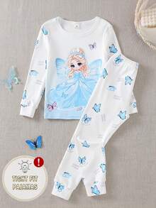 Girls Little Princess Butterfly Print Long Sleeve Long Pants Tight Pajama Set Loungewear - White - View 2