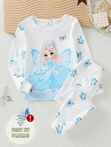 Girls Little Princess Butterfly Print Long Sleeve Long Pants Tight Pajama Set Loungewear - White - View 3