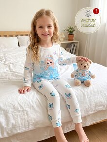 Girls Little Princess Butterfly Print Long Sleeve Long Pants Tight Pajama Set Loungewear - White - View 7