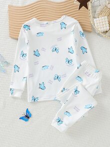 Girls Little Princess Butterfly Print Long Sleeve Long Pants Tight Pajama Set Loungewear - White - View 4