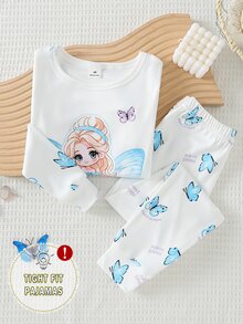 Girls Little Princess Butterfly Print Long Sleeve Long Pants Tight Pajama Set Loungewear - White - View 9