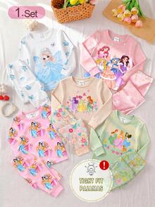 Girls Little Princess Butterfly Print Long Sleeve Long Pants Tight Pajama Set Loungewear - White - View 10