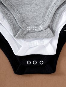 SHEIN 新生兒女嬰與男嬰白色純色交叉前襟舒適可愛俏皮優雅極簡時尚舒適長袖易穿彈性連身衣多件套裝 - 黑與白 - 查看 6