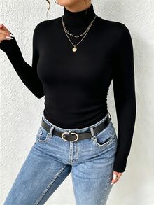 SHEIN Frenchy 休閒極簡大尺碼黑色高領長袖T恤，適合秋冬穿著，黑色內搭底層 - 黑色 - 查看 4