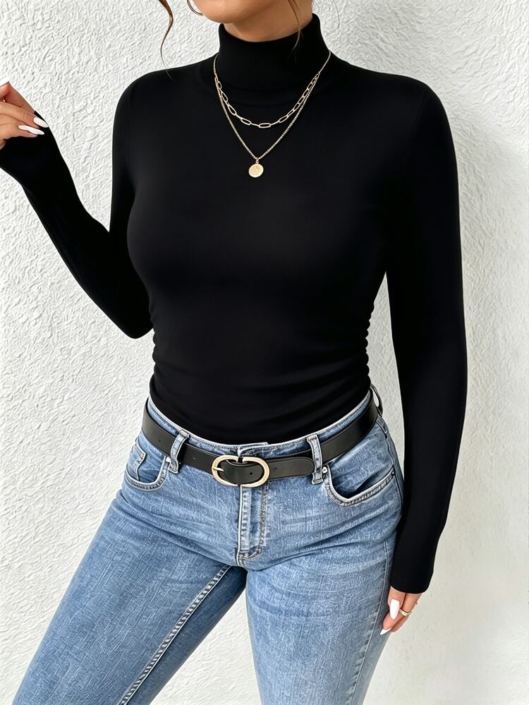 SHEIN Frenchy Casual Minimalist Plus Size Black Turtleneck Long Sleeve T-Shirt, Suitable For Autumn/Winter, Black Base Layer - Black - View 4