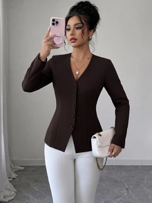 Elenzga Blazer Wanita Elegan Warna Cokelat Tua dengan Kerah V, Cocok untuk Perjalanan Sehari-hari dan Lingkungan Kantor, Menampilkan Desain Belahan dan Panel Renda. - Coklat - View 5