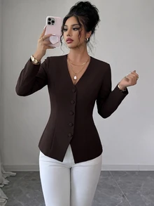 Elenzga Blazer Wanita Elegan Warna Cokelat Tua dengan Kerah V, Cocok untuk Perjalanan Sehari-hari dan Lingkungan Kantor, Menampilkan Desain Belahan dan Panel Renda. - Coklat - View 8