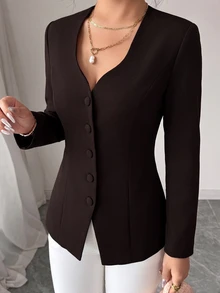 Elenzga Blazer Wanita Elegan Warna Cokelat Tua dengan Kerah V, Cocok untuk Perjalanan Sehari-hari dan Lingkungan Kantor, Menampilkan Desain Belahan dan Panel Renda. - Coklat - View 3