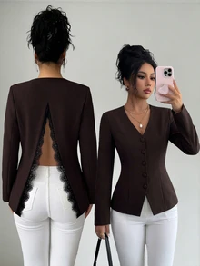 Elenzga Blazer Wanita Elegan Warna Cokelat Tua dengan Kerah V, Cocok untuk Perjalanan Sehari-hari dan Lingkungan Kantor, Menampilkan Desain Belahan dan Panel Renda. - Coklat - View 1