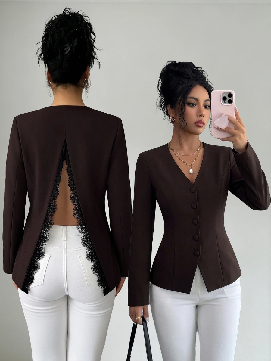 Elenzga Blazer Wanita Elegan Warna Cokelat Tua dengan Kerah V, Cocok untuk Perjalanan Sehari-hari dan Lingkungan Kantor, Menampilkan Desain Belahan dan Panel Renda. - Coklat - View 1