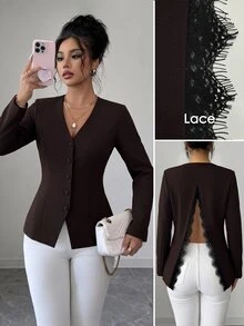 Elenzga Blazer Wanita Elegan Warna Cokelat Tua dengan Kerah V, Cocok untuk Perjalanan Sehari-hari dan Lingkungan Kantor, Menampilkan Desain Belahan dan Panel Renda. - Coklat - View 7