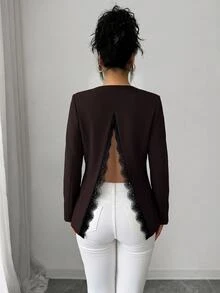 Elenzga Blazer Wanita Elegan Warna Cokelat Tua dengan Kerah V, Cocok untuk Perjalanan Sehari-hari dan Lingkungan Kantor, Menampilkan Desain Belahan dan Panel Renda. - Coklat - View 2