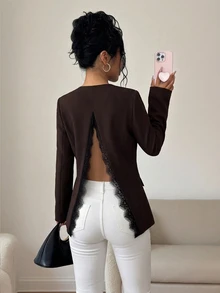 Elenzga Blazer Wanita Elegan Warna Cokelat Tua dengan Kerah V, Cocok untuk Perjalanan Sehari-hari dan Lingkungan Kantor, Menampilkan Desain Belahan dan Panel Renda. - Coklat - View 4
