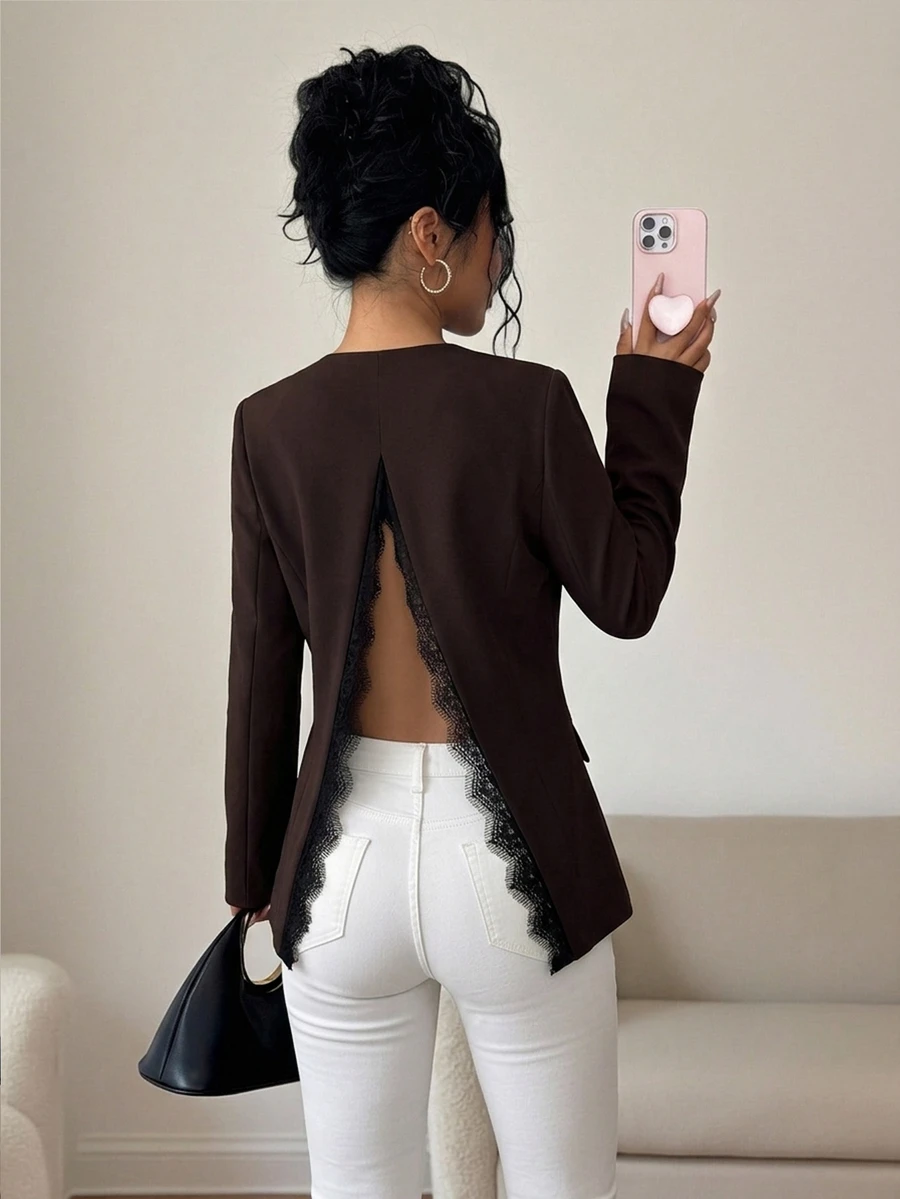 Elenzga Elegant Dark Brown V-Neck Custom Women's Blazer, Suitable For Commuting And Office Settings, Featuring A Slit And Lace-Panel Design. - Brown - View 1