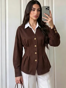 Elenzga Women's Solid Color Drop Shoulder Long Sleeve Single-Breasted Casual Shirt - Chocolate Brown - View 1