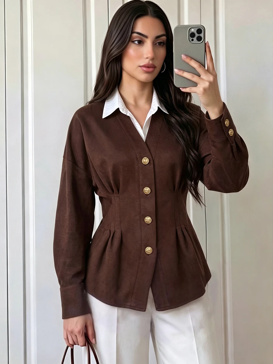 Elenzga Women's Solid Color Drop Shoulder Long Sleeve Single-Breasted Casual Shirt - Chocolate Brown - View 1
