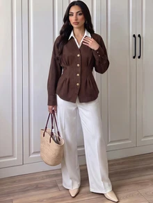 Elenzga Women's Solid Color Drop Shoulder Long Sleeve Single-Breasted Casual Shirt - Chocolate Brown - View 4