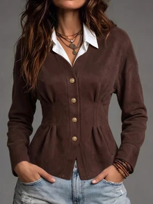 Elenzga Women's Solid Color Drop Shoulder Long Sleeve Single-Breasted Casual Shirt - Chocolate Brown - View 3