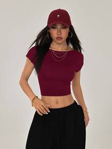 SHEIN PETITE 女款性感純色露背短版T恤，適合夏季，小碼女款 - 酒紅色 - 查看 6