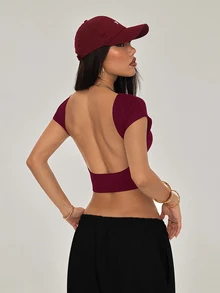 SHEIN PETITE 女款性感純色露背短版T恤，適合夏季，小碼女款 - 酒紅色 - 查看 7
