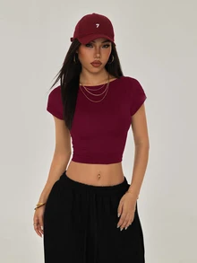SHEIN PETITE 女款性感純色露背短版T恤，適合夏季，小碼女款 - 酒紅色 - 查看 2