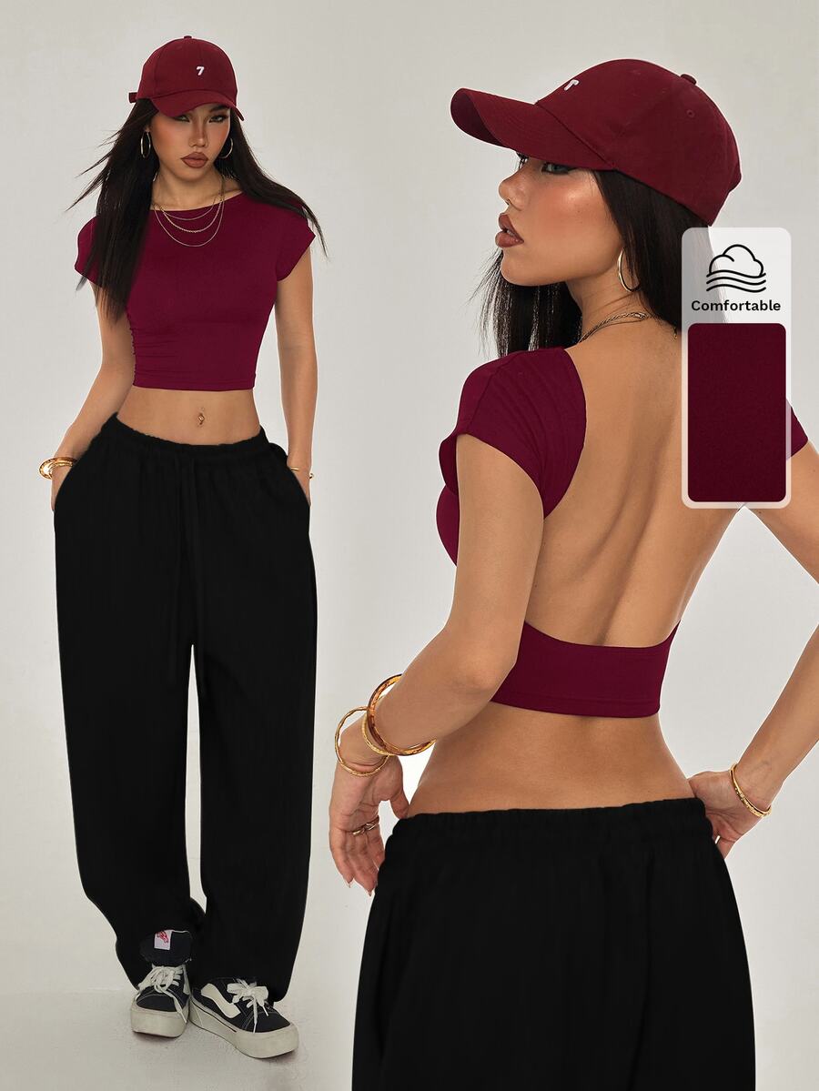 SHEIN PETITE 女款性感純色露背短版T恤,適合夏季,小碼女款 - 酒紅色 - 查看 1