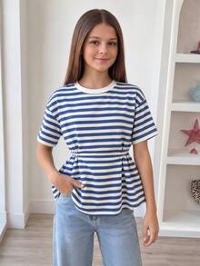 青少年女孩休閒日常藍白條紋圓領短袖腰部綁帶娃娃衫 T-shirt 夏季穿搭 舒適簡約 度假校園風 - 藍色 - 查看 2