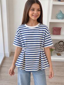 青少年女孩休閒日常藍白條紋圓領短袖腰部綁帶娃娃衫 T-shirt 夏季穿搭 舒適簡約 度假校園風 - 藍色 - 查看 1