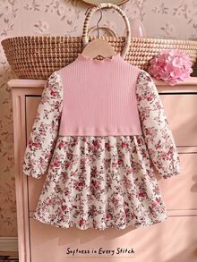 Cozy Pixies Baby Girl Floral Pattern Ribbed Soft Contrast Color Round Neck Long Sleeve Waist-Cinching Autumn Dress, Versatile And Comfortable - Pink - View 1