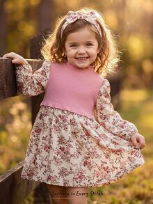 Cozy Pixies Baby Girl Floral Pattern Ribbed Soft Contrast Color Round Neck Long Sleeve Waist-Cinching Autumn Dress, Versatile And Comfortable - Pink - View 8