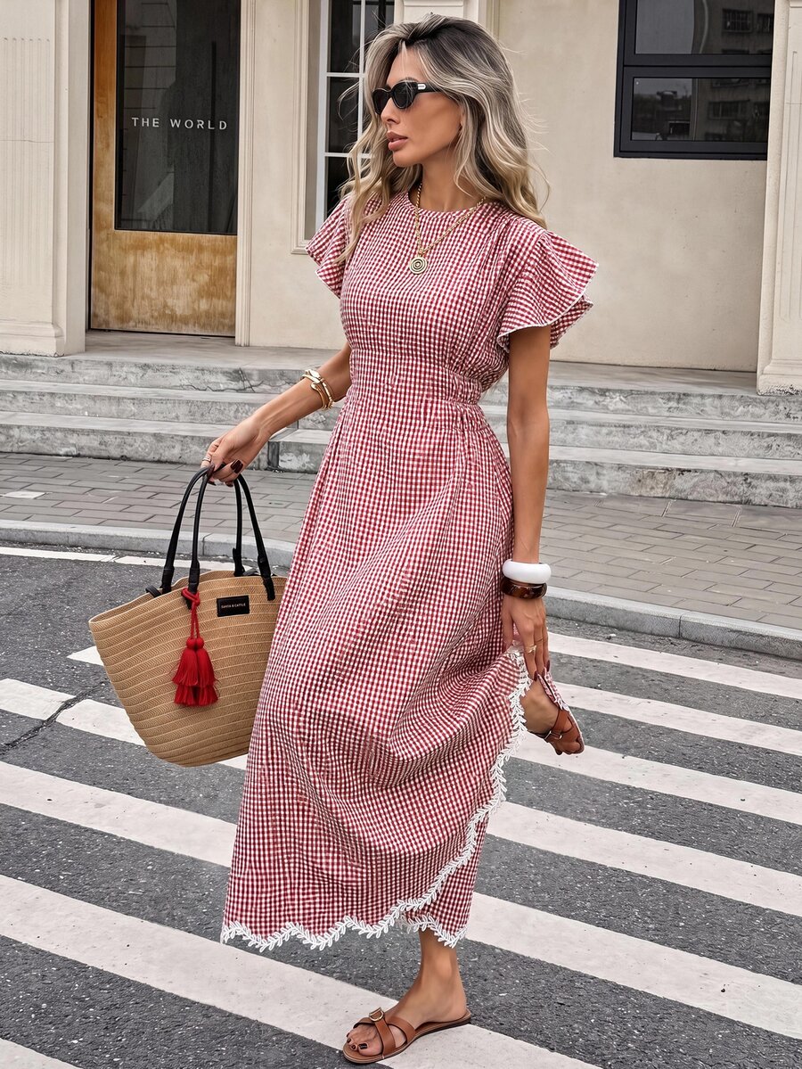 Serisse Women's Plaid Pleated Casual French Vintage Party Picnic Long Dress Pink Plaid - Multicolor - View 1
