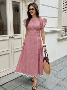 Serisse Women's Plaid Pleated Casual French Vintage Party Picnic Long Dress Pink Plaid - Multicolor - View 4
