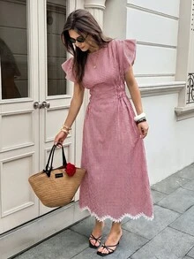 Serisse Women's Plaid Pleated Casual French Vintage Party Picnic Long Dress Pink Plaid - Multicolor - View 3