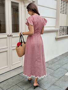Serisse Women's Plaid Pleated Casual French Vintage Party Picnic Long Dress Pink Plaid - Multicolor - View 2