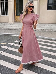Serisse Women's Plaid Pleated Casual French Vintage Party Picnic Long Dress Pink Plaid - Multicolor - View 7