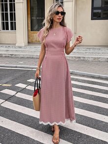 Serisse Women's Plaid Pleated Casual French Vintage Party Picnic Long Dress Pink Plaid - Multicolor - View 8