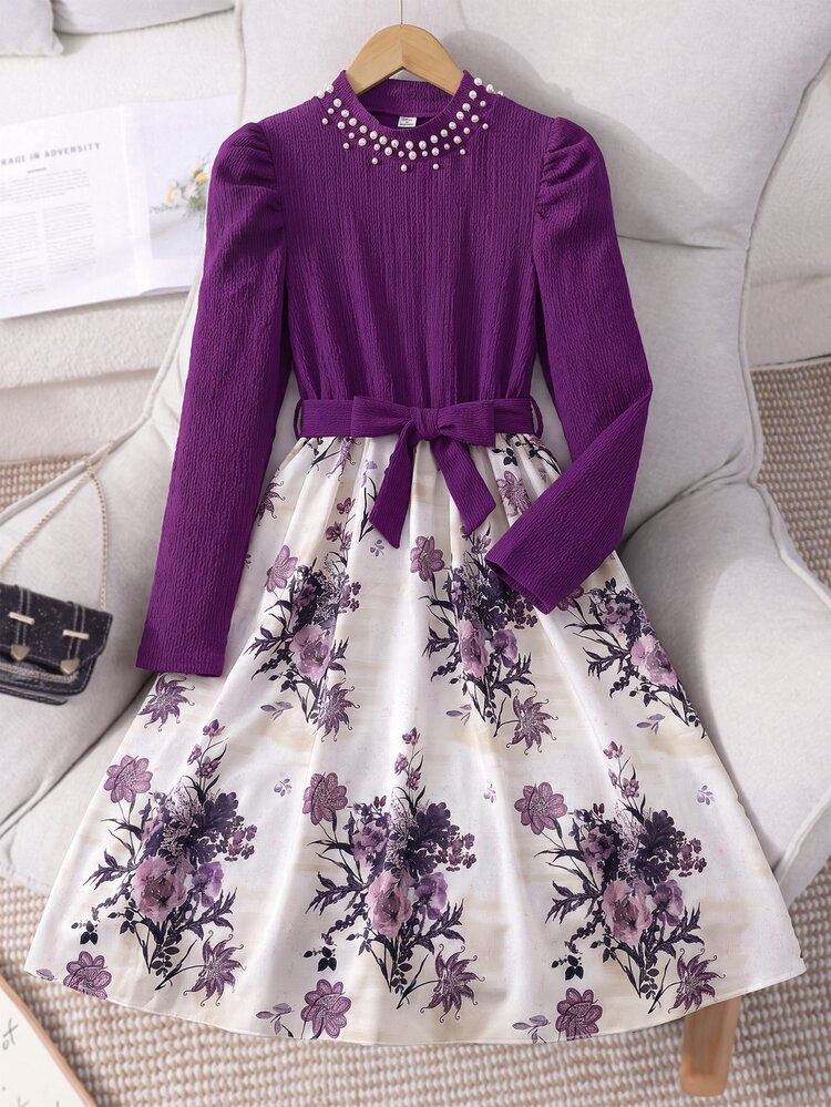 SHEIN Tween Girls Fall Dresses Dresses, Fall, Autumn, Winter, Graphic, Back To School, School, Wedding, Casual Cute, Elegant Party Purple Floral - Multicolor - View 7