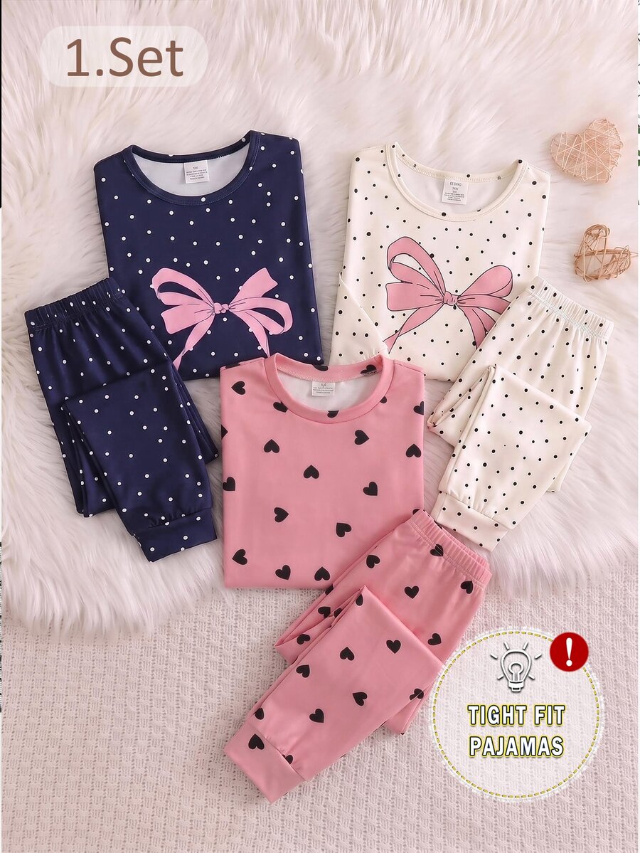 Tween Girls' 2pcs Heart Print Long Sleeve Pants Snug Fit Pajama Lounge Set - Pink - View 1