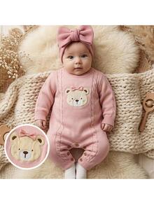Loomiva Baby Girl Baby Girl Casual Daily Pink 3D Plush Bear Pattern 3D Bow Decor Cable Knit Comfortable Sweater Romper - Pink - View 7