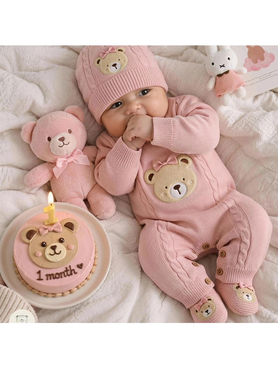 Loomiva Baby Girl Baby Girl Casual Daily Pink 3D Plush Bear Pattern 3D Bow Decor Cable Knit Comfortable Sweater Romper - Pink - View 1
