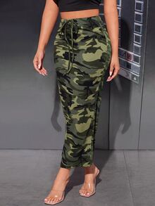 SHEIN PETITE 迷彩印花前打結高腰鉛筆裙 - 軍綠色 - 查看 1