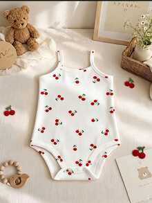 Baby Girl Casual Cute Polka Dot Cherry Print, Adorable Baby Girl Pattern, Comfortable Spaghetti Strap Romper Suitable For Spring, Summer And All Seasons - Multicolor - View 3