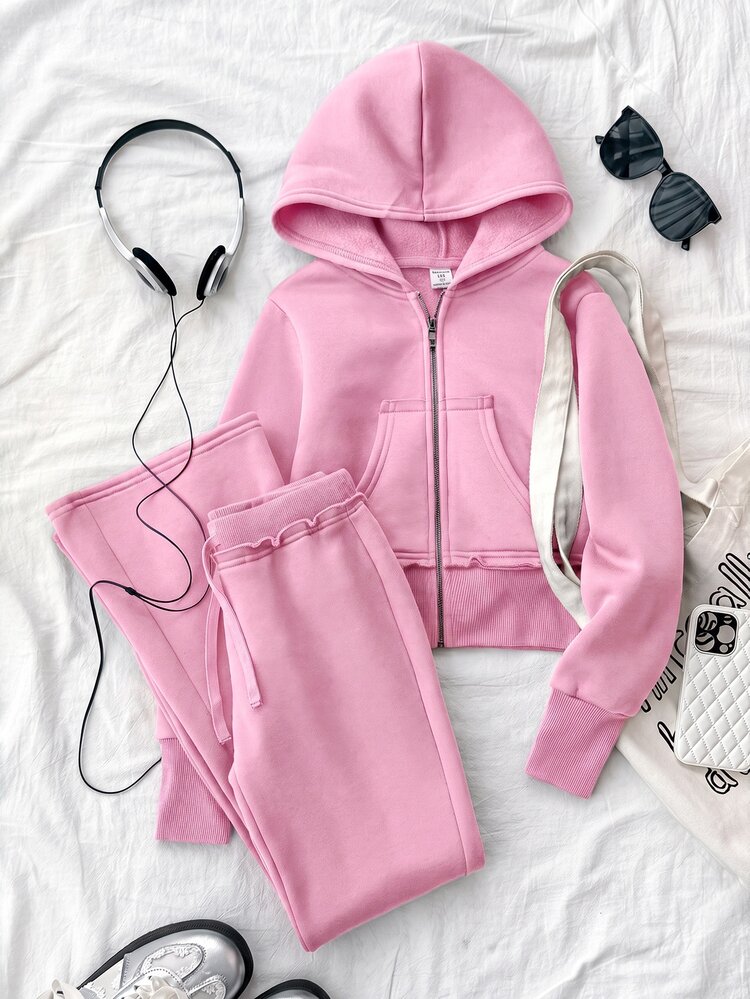 Set Kasual Anak Perempuan Remaja Warna Pink: Hoodie dan Celana Olahraga - Berwarna merah muda - View 6