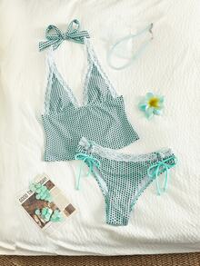 Swim Mod Set Baju Renang Tankini Wanita Motif Polkadot Berenda dengan Tali Depan, Gaya Imut untuk Musim Semi/Panas - MultiWarna - View 6