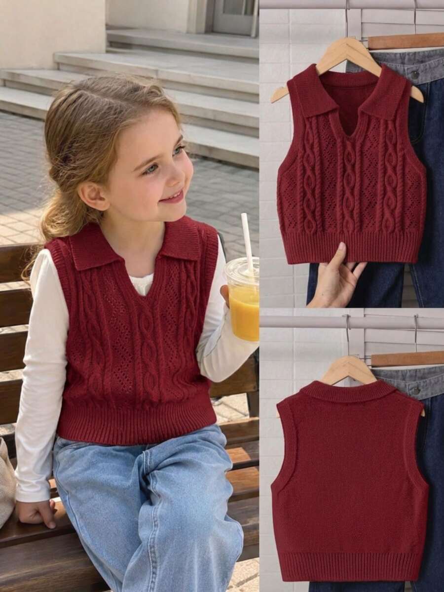 Young Girl Autumn/Winter Casual Solid Color Knit Vest - Burgundy - View 1