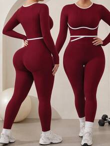Easithlete Women's Plus Size Burgundy 2 Pieces Long Sleeve Pants Sports Set - Burgundy - View 7