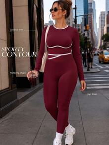 Easithlete Women's Plus Size Burgundy 2 Pieces Long Sleeve Pants Sports Set - Burgundy - View 5